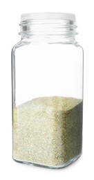 Photo of Dried basil powder in glass jar isolated on white. Aromatic spice