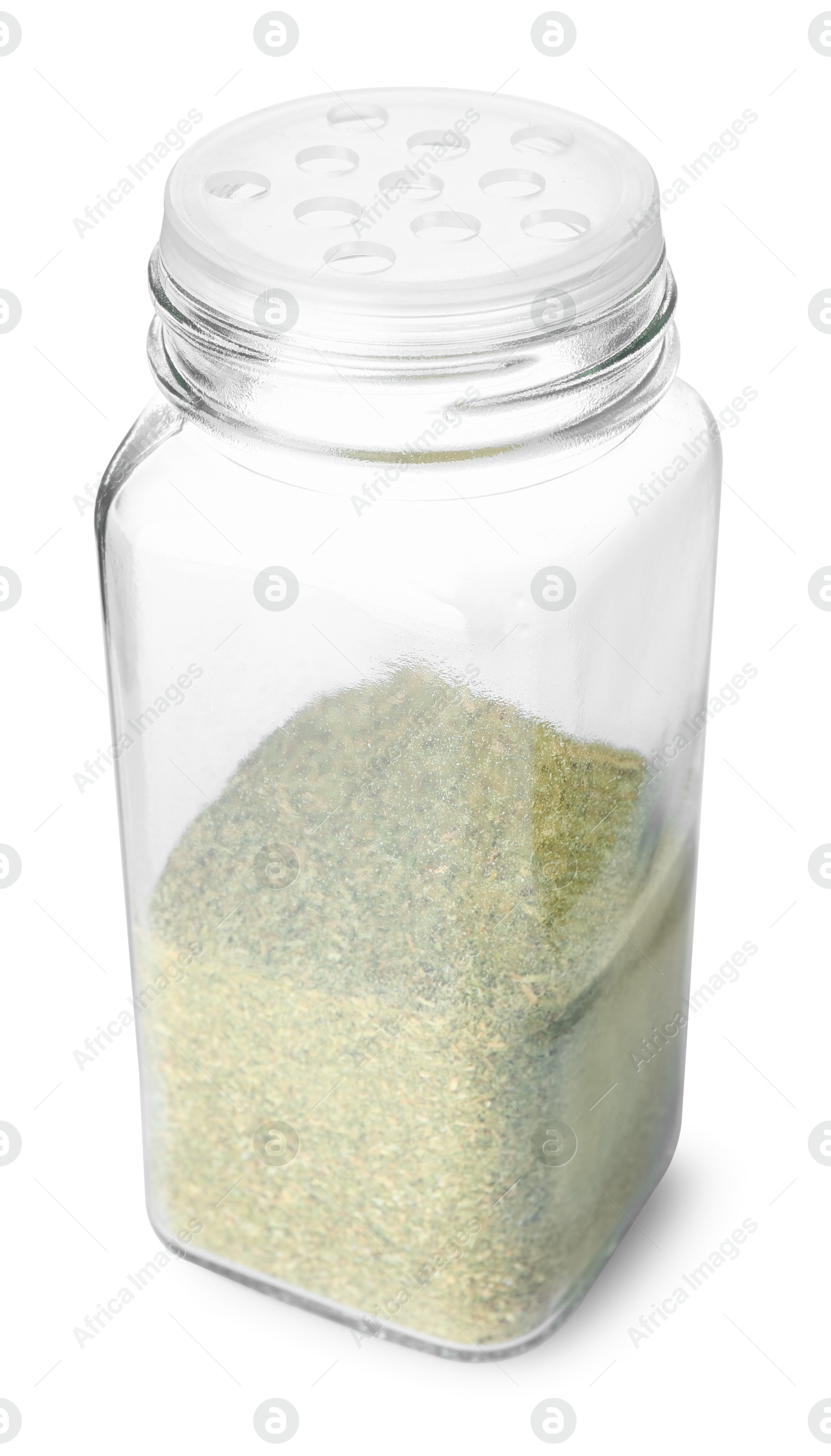 Photo of Dried basil powder in glass jar isolated on white. Aromatic spice