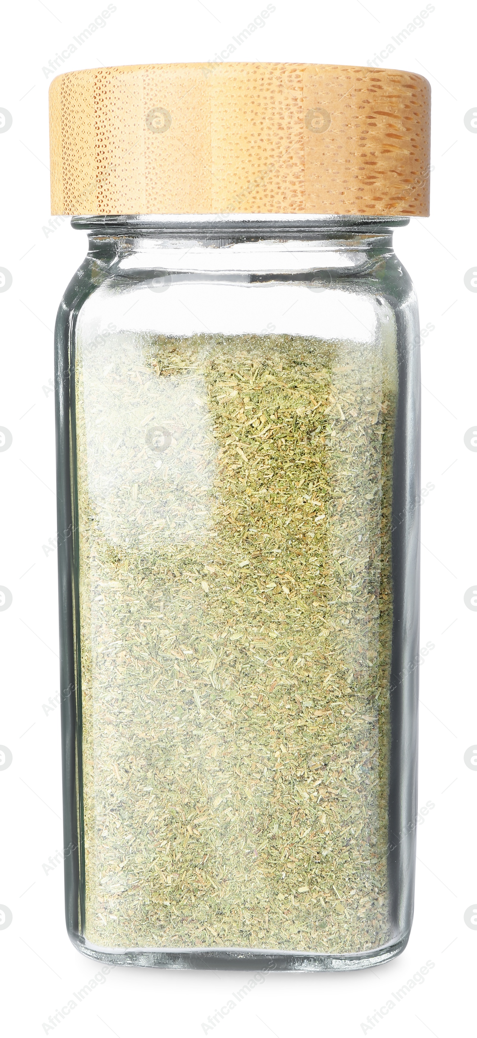Photo of Dried basil powder in glass jar isolated on white. Aromatic spice