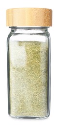 Photo of Dried basil powder in glass jar isolated on white. Aromatic spice