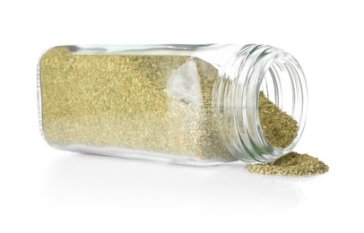 Photo of Dried basil powder in glass jar isolated on white. Aromatic spice