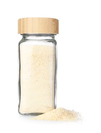 Photo of Garlic powder in glass jar isolated on white. Aromatic spice