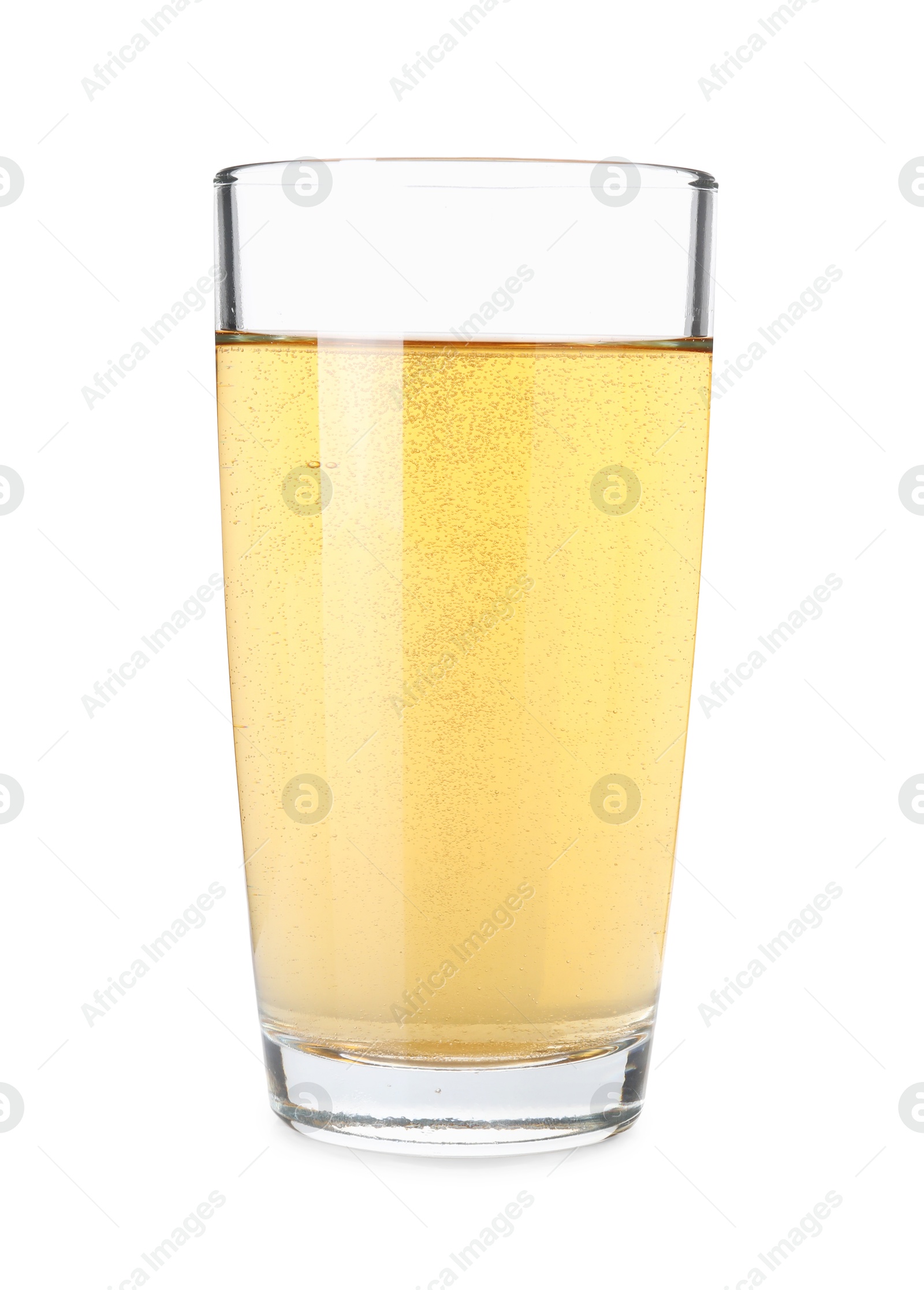 Photo of Tasty apple cider in glass isolated on white