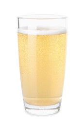 Photo of Tasty cider in glass isolated on white