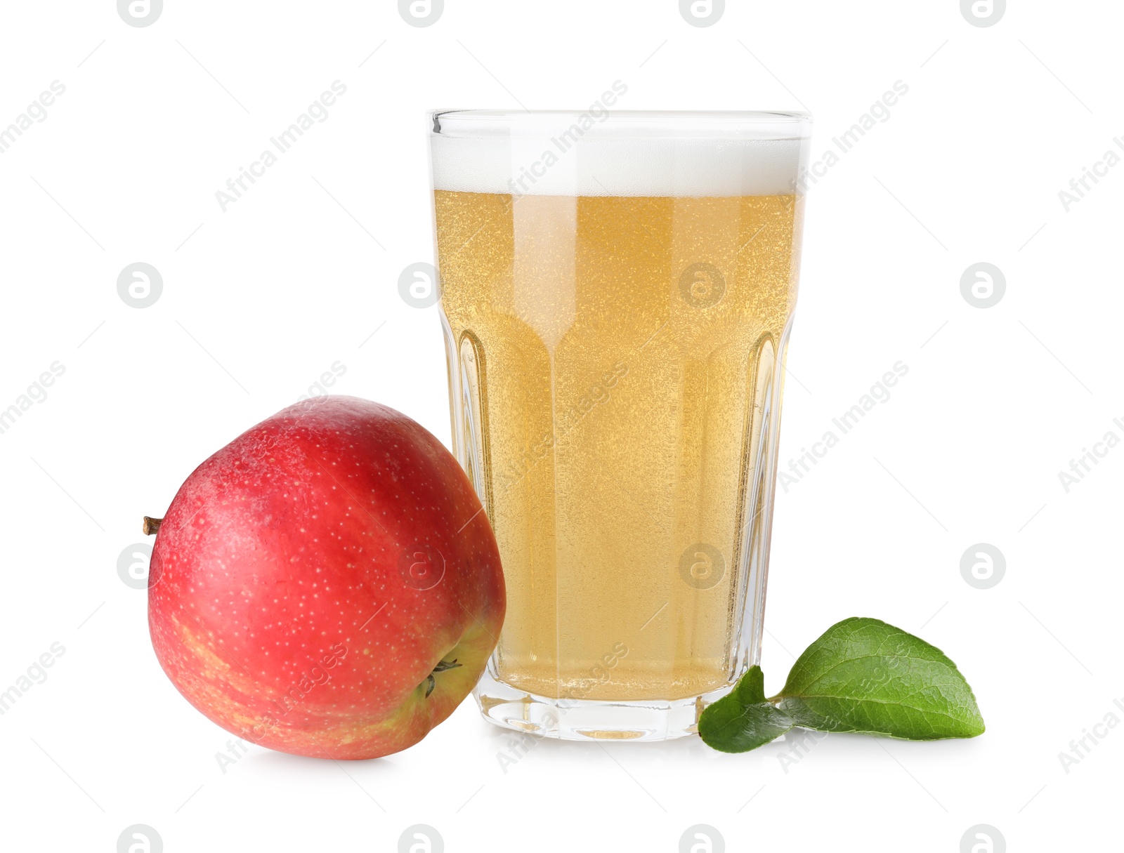 Tasty cider in glass, fresh apple and green leaves isolated on white Photo of Tasty cider in glass, fresh apple and green leaves isolated on white