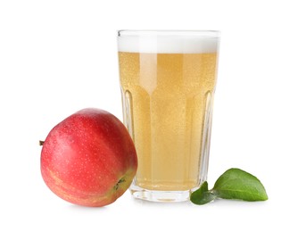 Photo of Tasty cider in glass, fresh apple and green leaves isolated on white