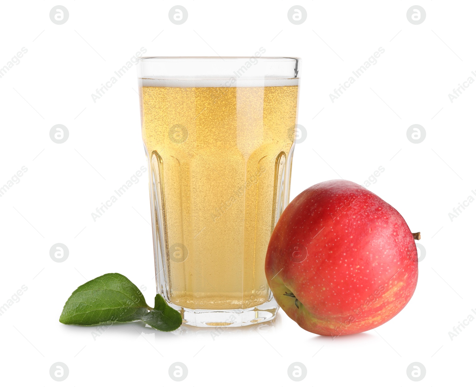 Tasty cider in glass, fresh apple and green leaves isolated on white Photo of Tasty cider in glass, fresh apple and green leaves isolated on white
