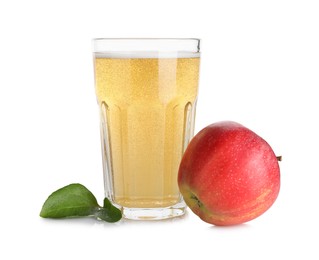 Photo of Tasty cider in glass, fresh apple and green leaves isolated on white