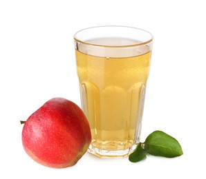 Photo of Tasty cider in glass, fresh apple and green leaves isolated on white