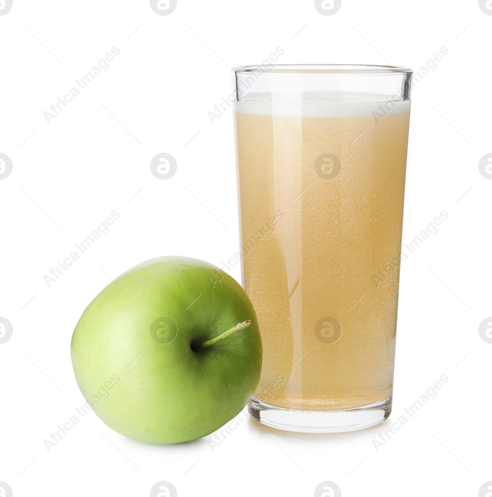 Tasty cider in glass and fresh apple isolated on white Photo of Tasty cider in glass and fresh apple isolated on white