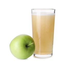 Photo of Tasty cider in glass and fresh apple isolated on white