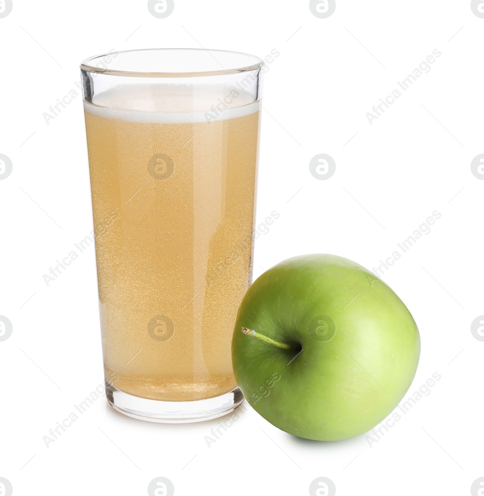 Photo of Tasty cider in glass and fresh apple isolated on white