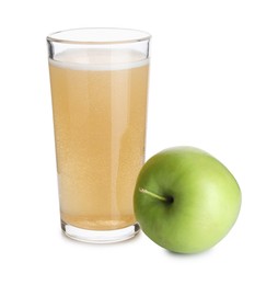 Photo of Tasty cider in glass and fresh apple isolated on white