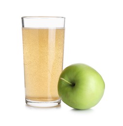 Photo of Tasty cider in glass and fresh apple isolated on white