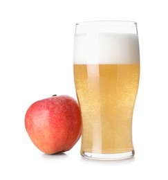 Photo of Tasty cider in glass and fresh apple isolated on white