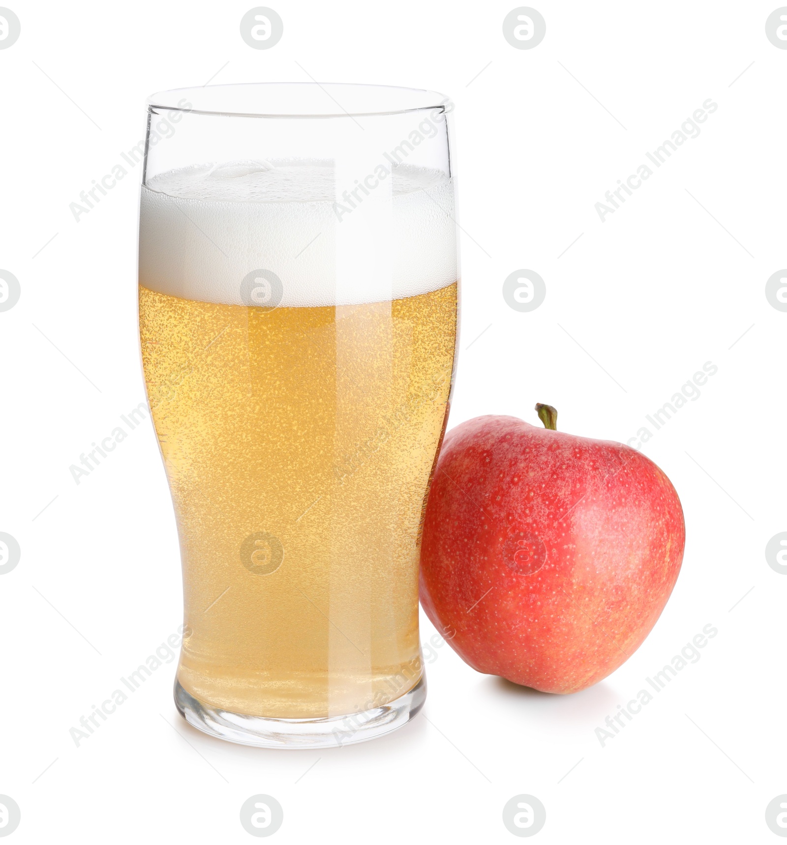 Photo of Tasty cider in glass and fresh apple isolated on white