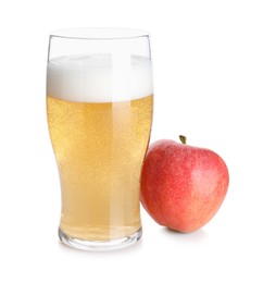 Photo of Tasty cider in glass and fresh apple isolated on white