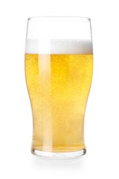 Photo of Tasty cider in glass isolated on white