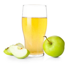 Photo of Tasty cider in glass and fresh apples isolated on white
