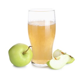 Photo of Tasty cider in glass and fresh apples isolated on white