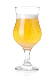 Photo of Tasty cider in glass isolated on white