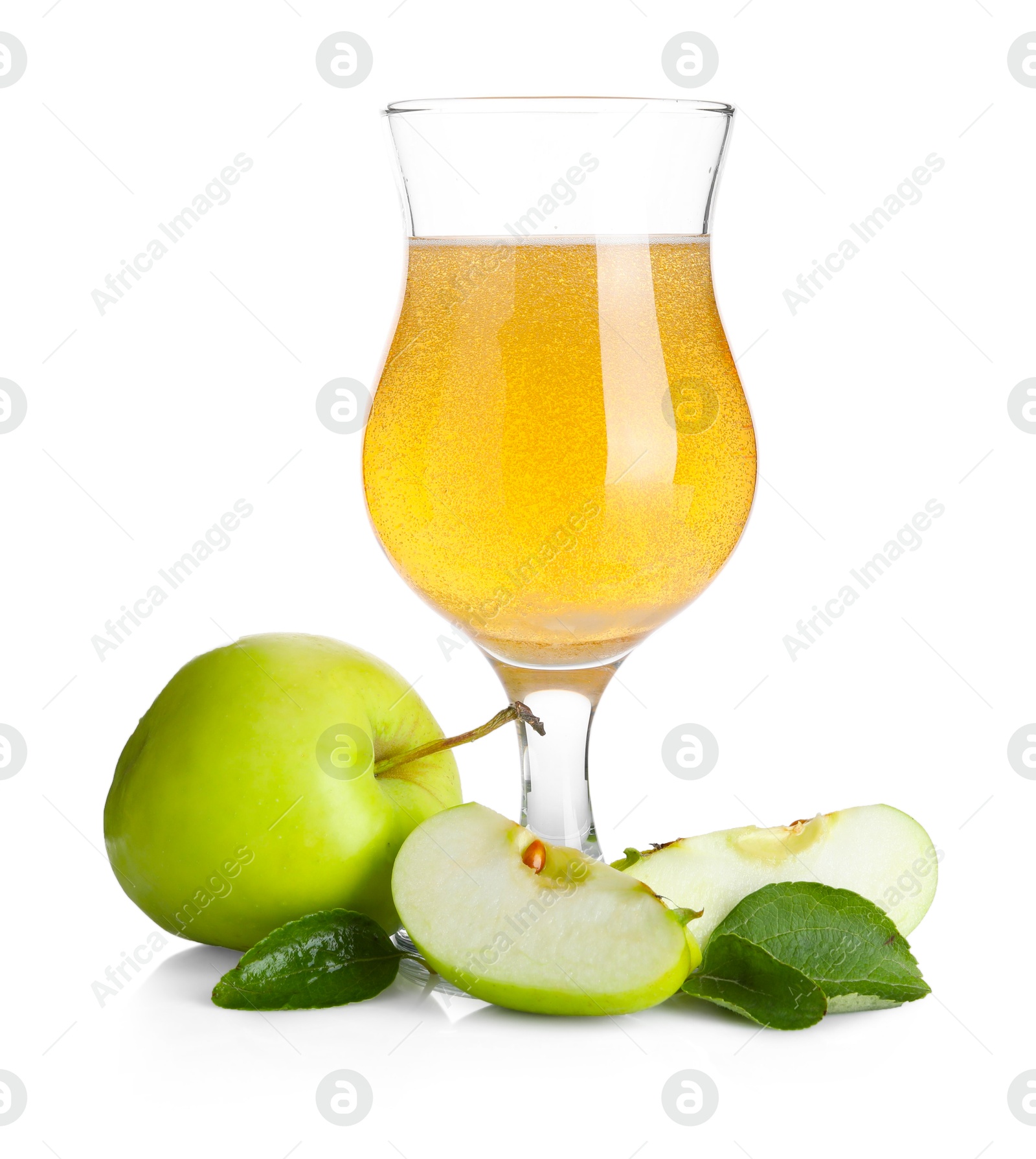 Tasty cider in glass, fresh apples and green leaves isolated on white Photo of Tasty cider in glass, fresh apples and green leaves isolated on white