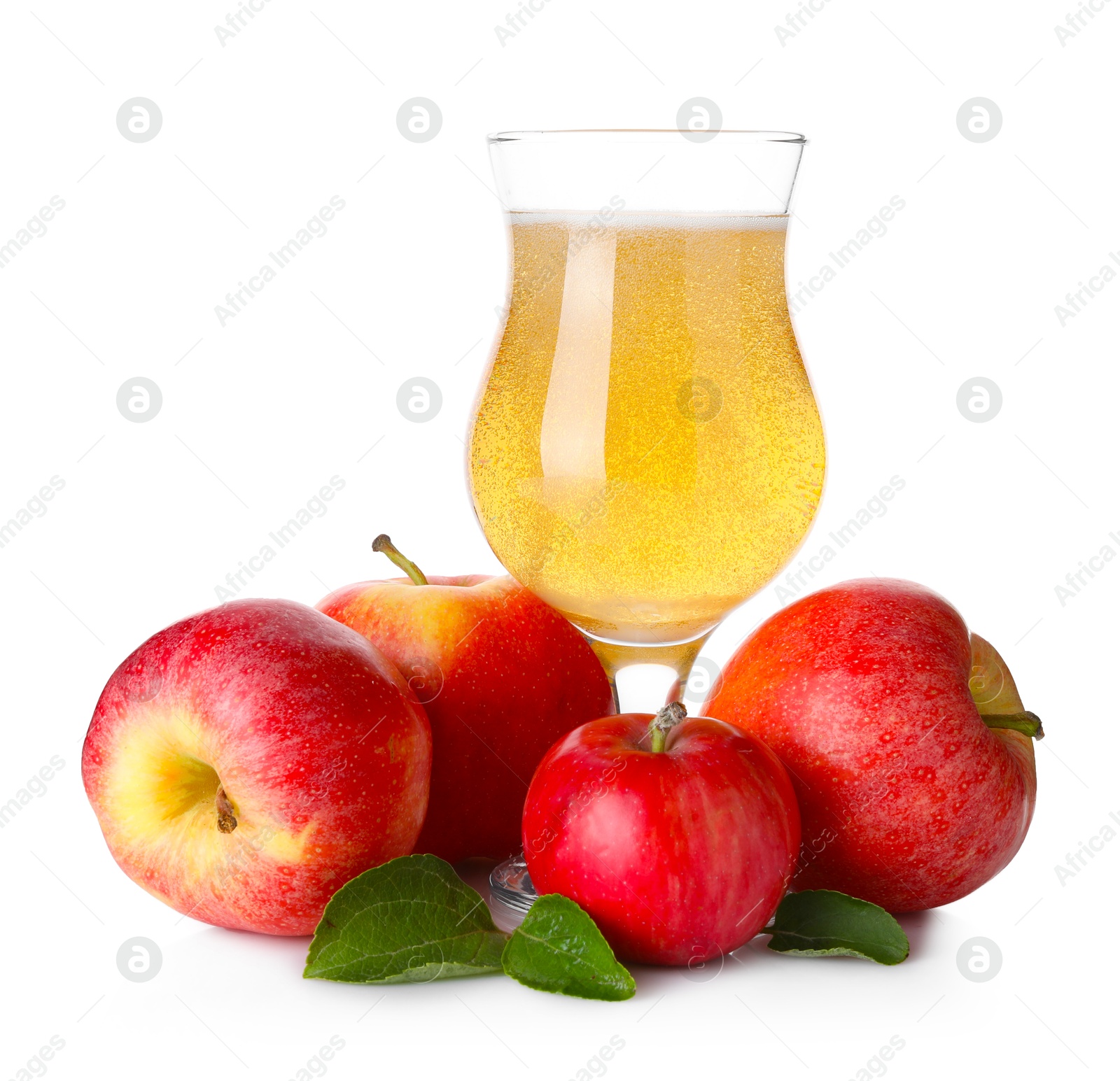 Tasty cider in glass, fresh apples and green leaves isolated on white Photo of Tasty cider in glass, fresh apples and green leaves isolated on white