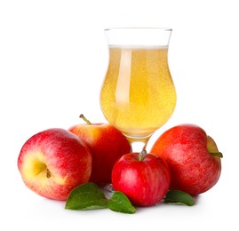 Photo of Tasty cider in glass, fresh apples and green leaves isolated on white