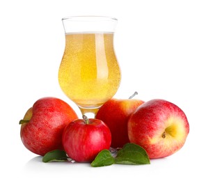 Photo of Tasty cider in glass, fresh apples and green leaves isolated on white