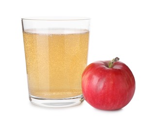 Photo of Tasty cider in glass and fresh apple isolated on white