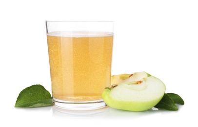 Photo of Tasty cider in glass, cut fresh apple and green leaves isolated on white