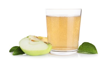 Photo of Tasty cider in glass, cut fresh apple and green leaves isolated on white