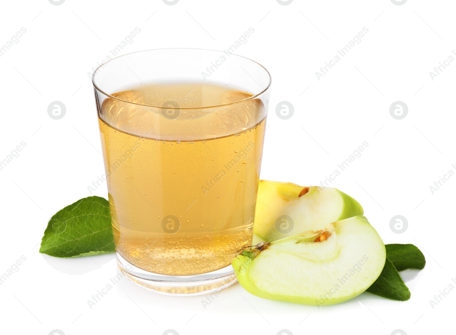 Tasty cider in glass, cut fresh apple and green leaves isolated on white Photo of Tasty cider in glass, cut fresh apple and green leaves isolated on white