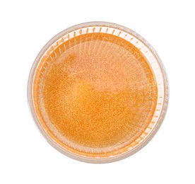 Photo of Tasty cider in glass isolated on white, top view