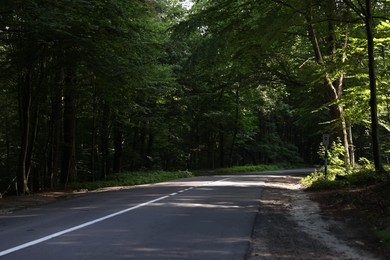 Photo of Beautiful view of asphalt road going through forest