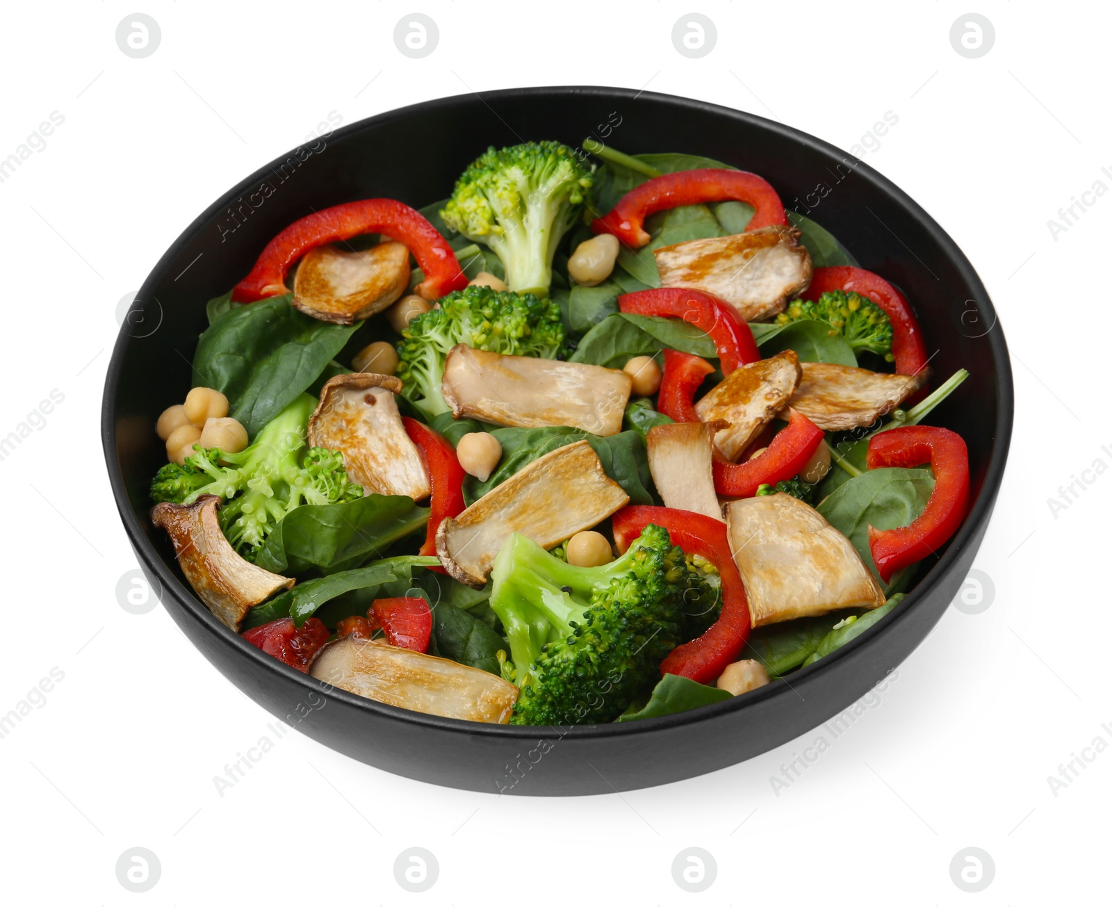 Tasty salad with eryngium mushrooms, chickpeas, vegetables and spinach in bowl isolated on white Photo of Tasty salad with eryngium mushrooms, chickpeas, vegetables and spinach in bowl isolated on white