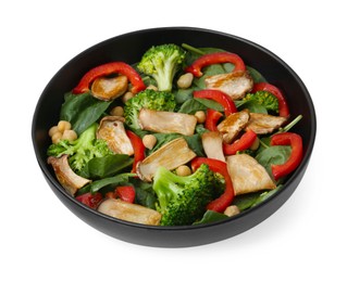 Photo of Tasty salad with eryngium mushrooms, chickpeas, vegetables and spinach in bowl isolated on white