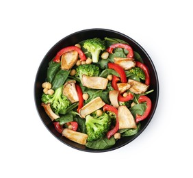Photo of Tasty salad with eryngium mushrooms, chickpeas, vegetables and spinach in bowl isolated on white, top view