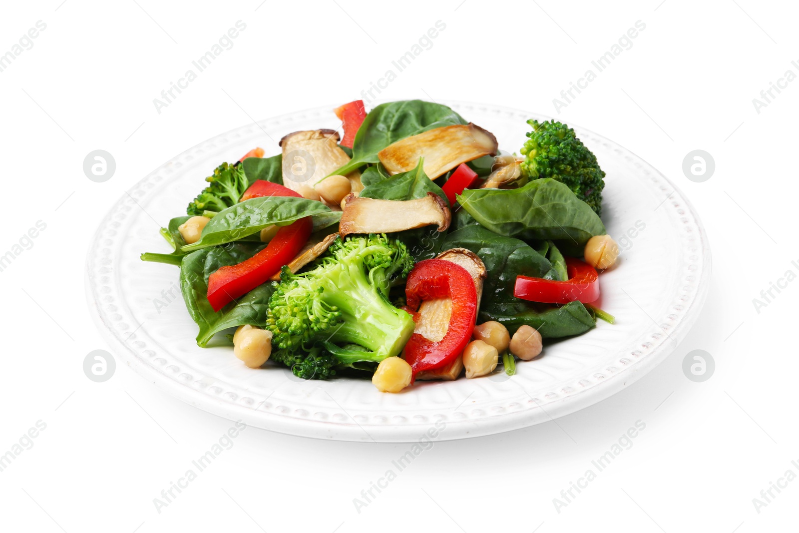 Tasty salad with eryngium mushrooms, chickpeas, vegetables and spinach isolated on white Photo of Tasty salad with eryngium mushrooms, chickpeas, vegetables and spinach isolated on white