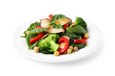Photo of Tasty salad with eryngium mushrooms, chickpeas, vegetables and spinach isolated on white