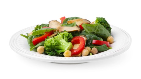 Photo of Tasty salad with eryngium mushrooms, chickpeas, vegetables and spinach isolated on white