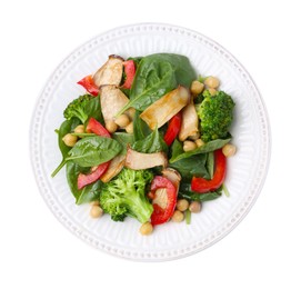 Photo of Tasty salad with eryngium mushrooms, chickpeas, vegetables and spinach isolated on white, top view