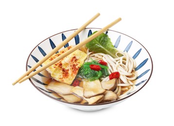 Photo of Tasty ramen with king oyster (eryngii) mushrooms in bowl
