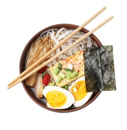 Photo of Tasty ramen with enoki mushrooms in bowl isolated on white, top view