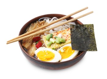 Photo of Tasty ramen with enoki mushrooms in bowl isolated on white