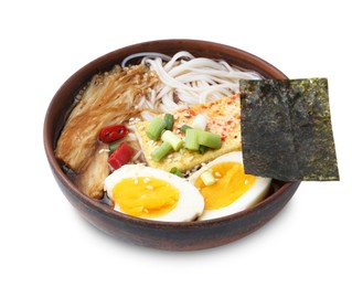 Photo of Tasty ramen with enoki mushrooms in bowl isolated on white