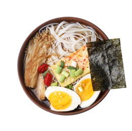 Photo of Tasty ramen with enoki mushrooms in bowl isolated on white, top view