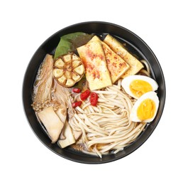 Photo of Tasty ramen with enoki and king oyster (eryngii) mushrooms in bowl isolated on white, top view