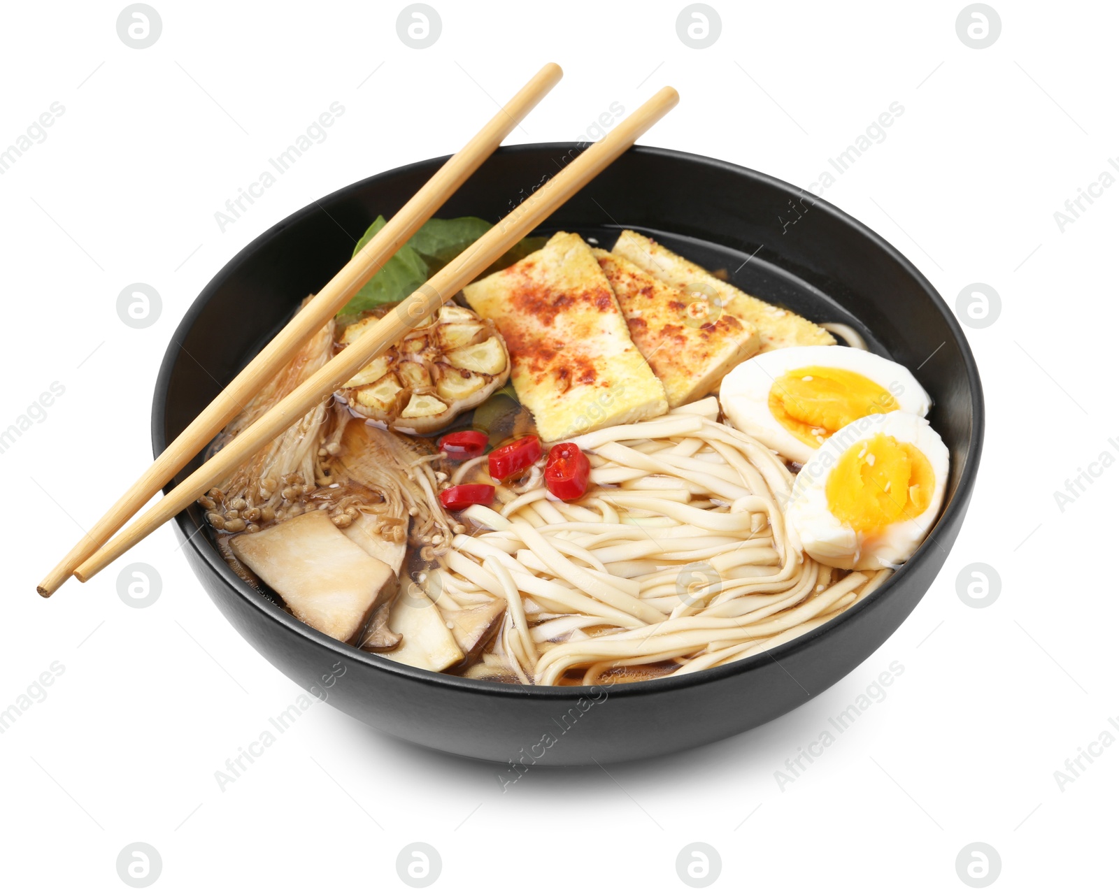 Tasty ramen with enoki and king oyster (eryngii) mushrooms in bowl isolated on white Photo of Tasty ramen with enoki and king oyster (eryngii) mushrooms in bowl isolated on white