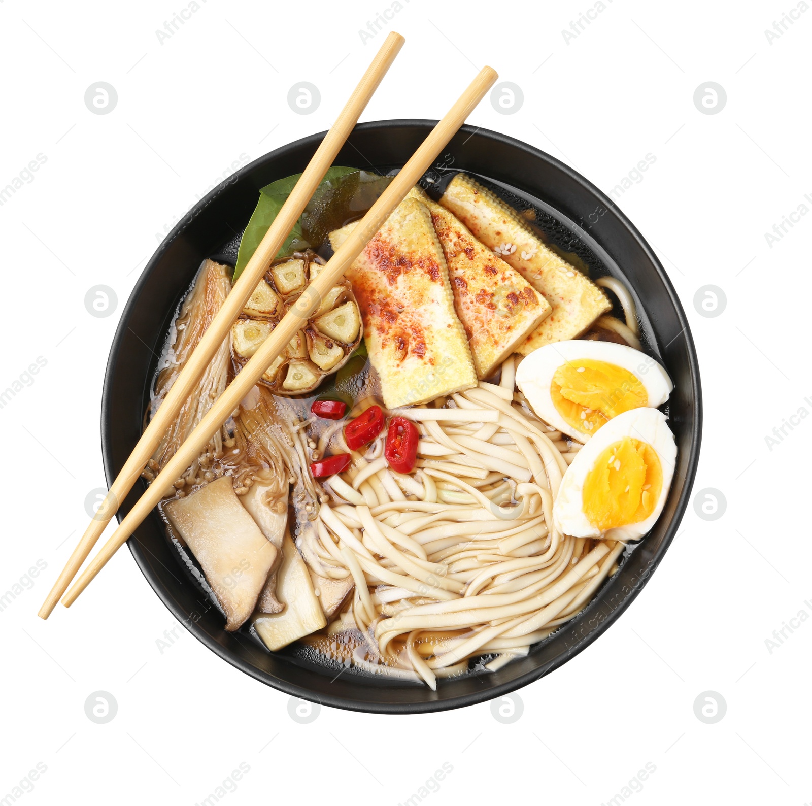 Tasty ramen with enoki and king oyster (eryngii) mushrooms in bowl isolated on white, top view Photo of Tasty ramen with enoki and king oyster (eryngii) mushrooms in bowl isolated on white, top view